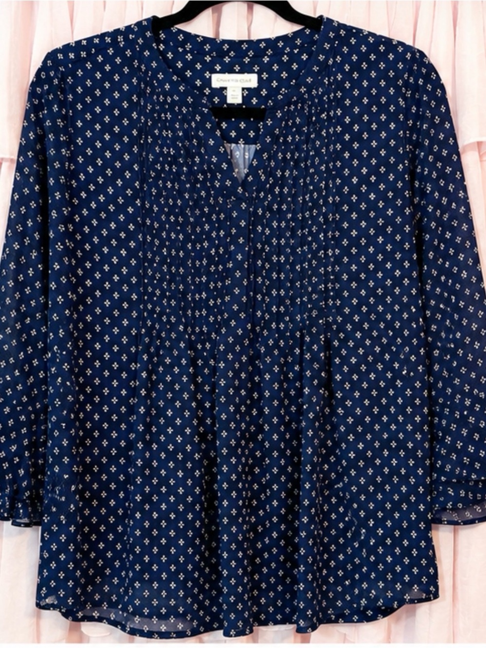 Charter Club Navy Blue Printed Pintuck Blouse
